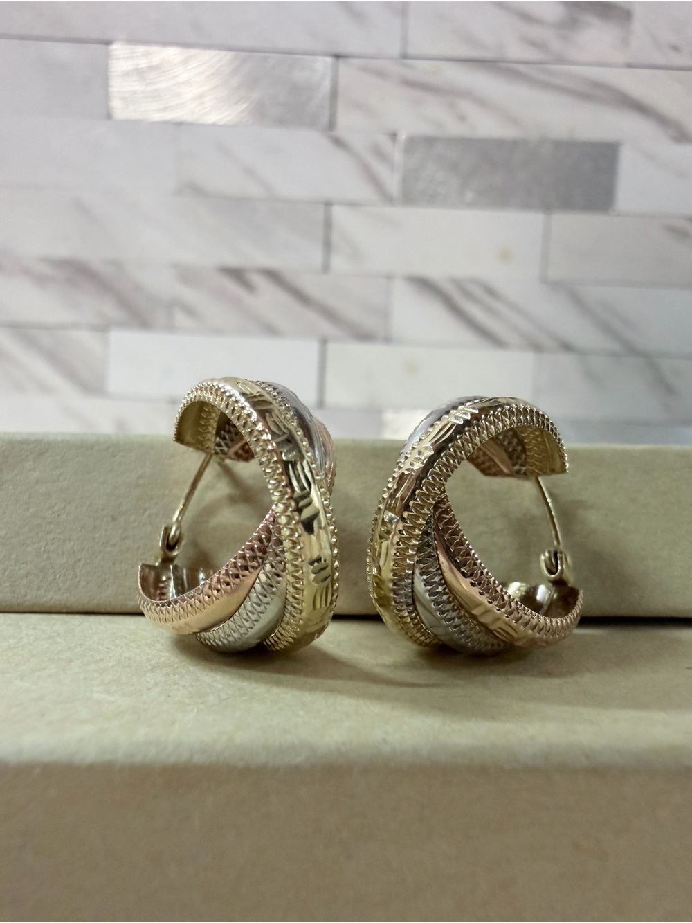14k Solid Gold Tri-Tone Textured Hoop Earrings